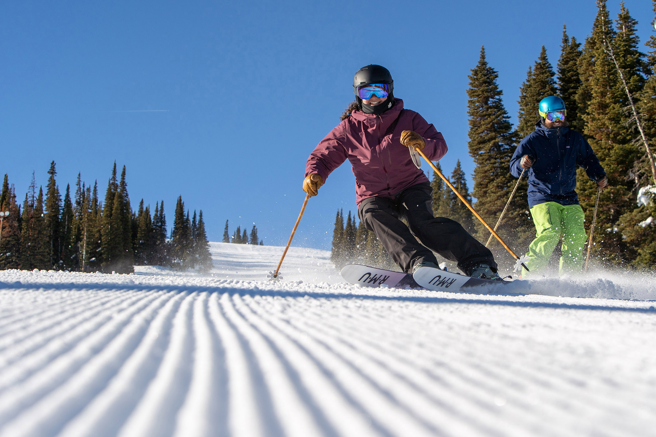 Skier descends groomed Milk Run at Pomerelle Mountain Resort in Southern Idaho.